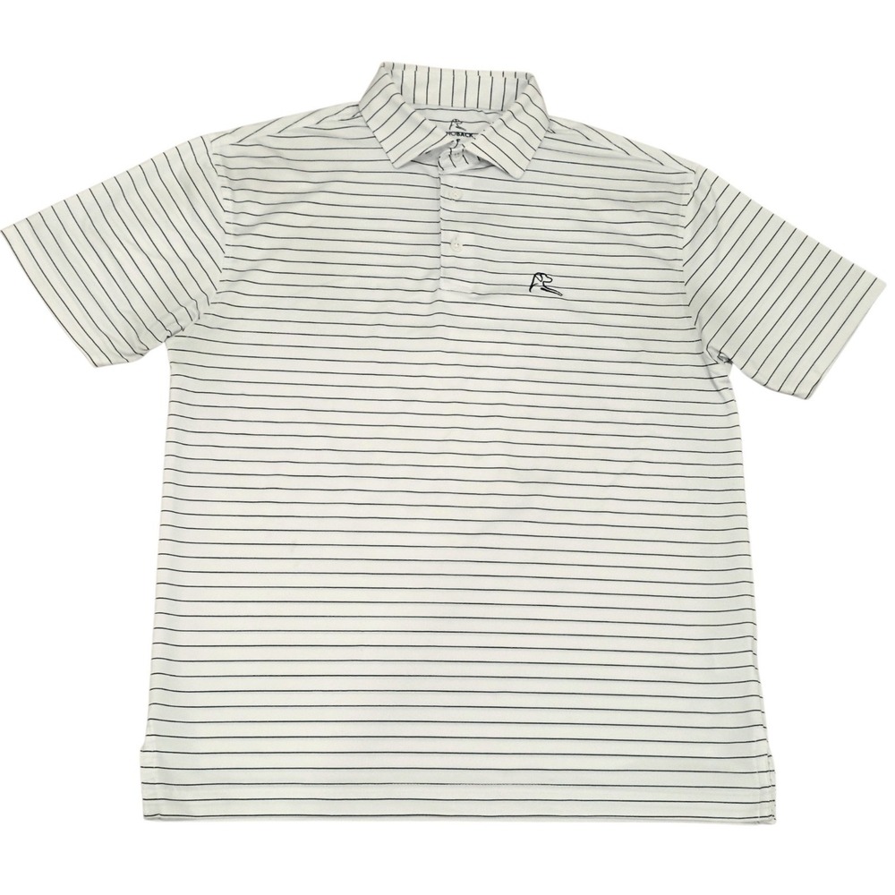 Rhoback Performance Golf Polo Men's Small White Navy Stripe Stretch Dog Logo